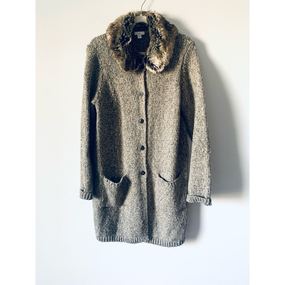 J Jill long cardigan sweater fur collar Small